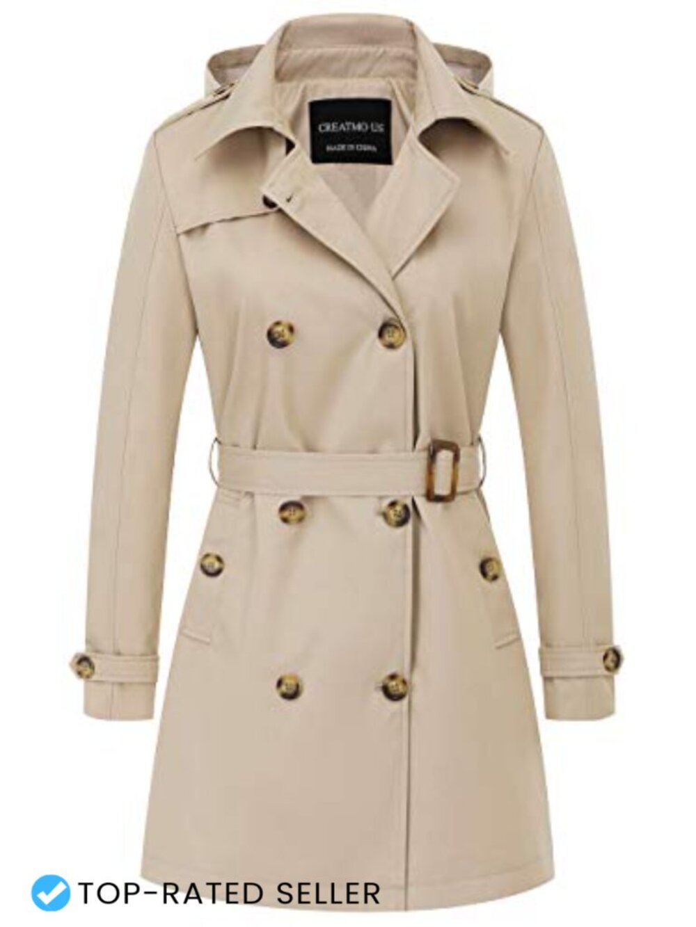 Women's Double-Breasted Trench Coat Belted Slim Fit Water Resistant Overcoat